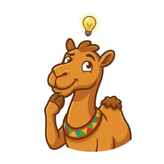 The Mimhar camel is thinking, with a glowing light bulb above its head.